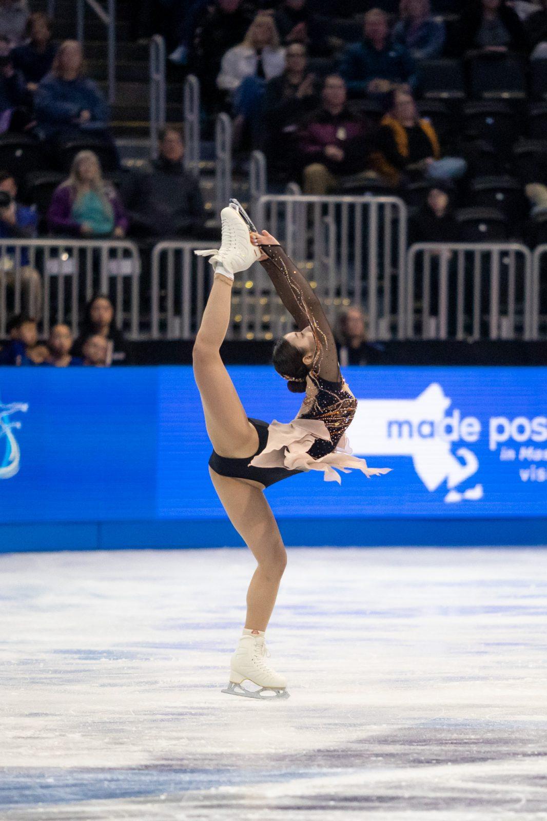 Ahsun Yun of South Korea lifts her leg above her head in a spin Wednesday. HOLLY GUSTAVSEN/DFP PHOTOGRAPHER 
