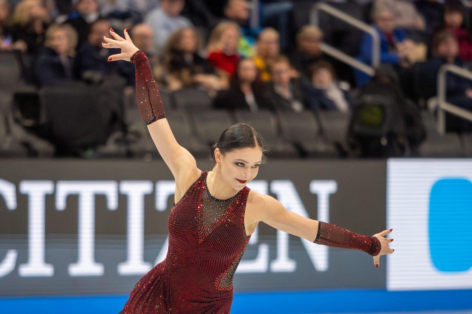 Kazakhstan’s Sofia Samodelkina competes in the women’s short program March 26. HOLLY GUSTAVSEN/DFP PHOTOGRAPHER 
