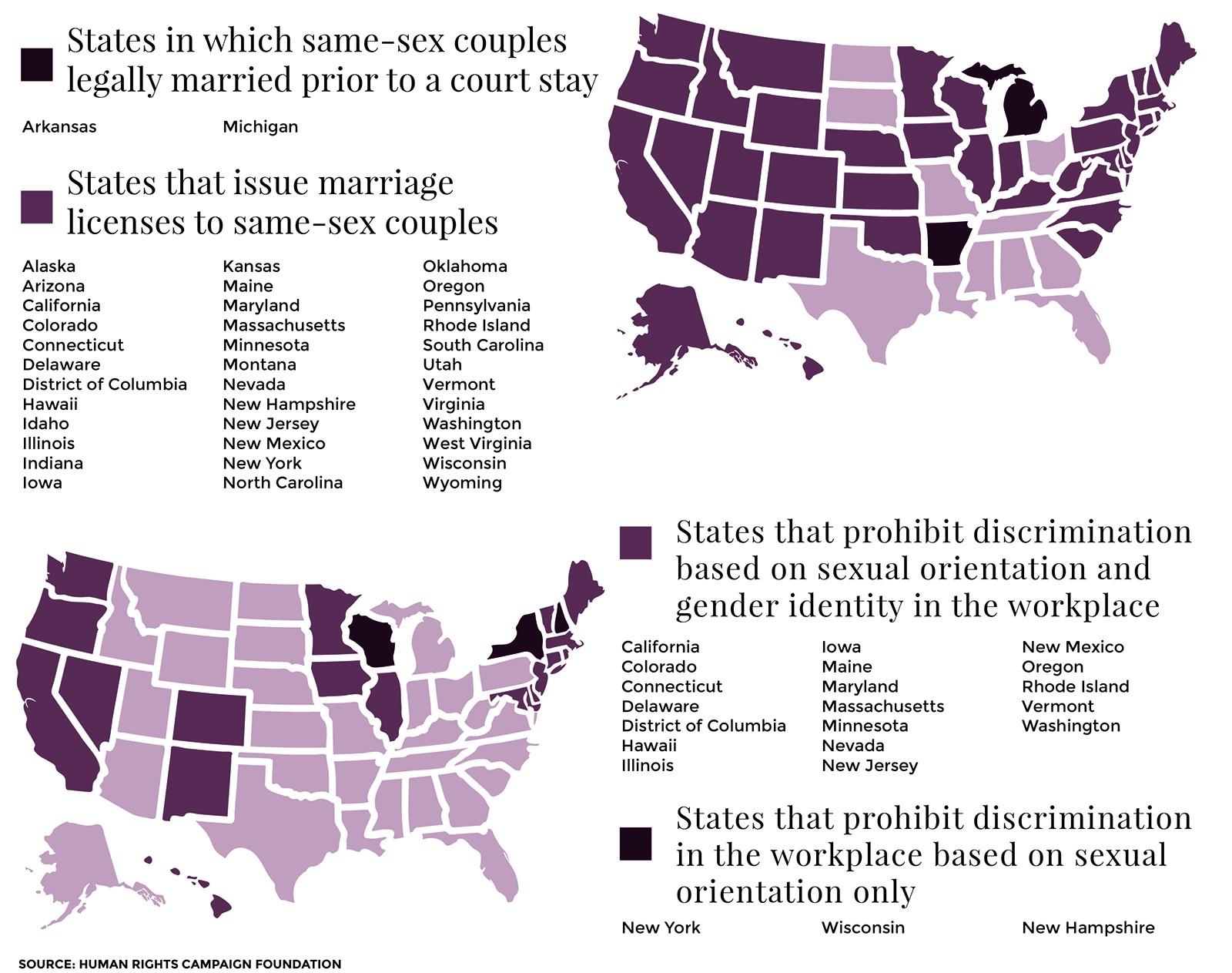 The Human Rights Campaign released its first national report Jan. 23 on the status of legislation affecting lesbian, gay, bisexual and transgender rights. GRAPHIC BY SAMANTHA GROSS/DAILY FREE PRESS STAFF