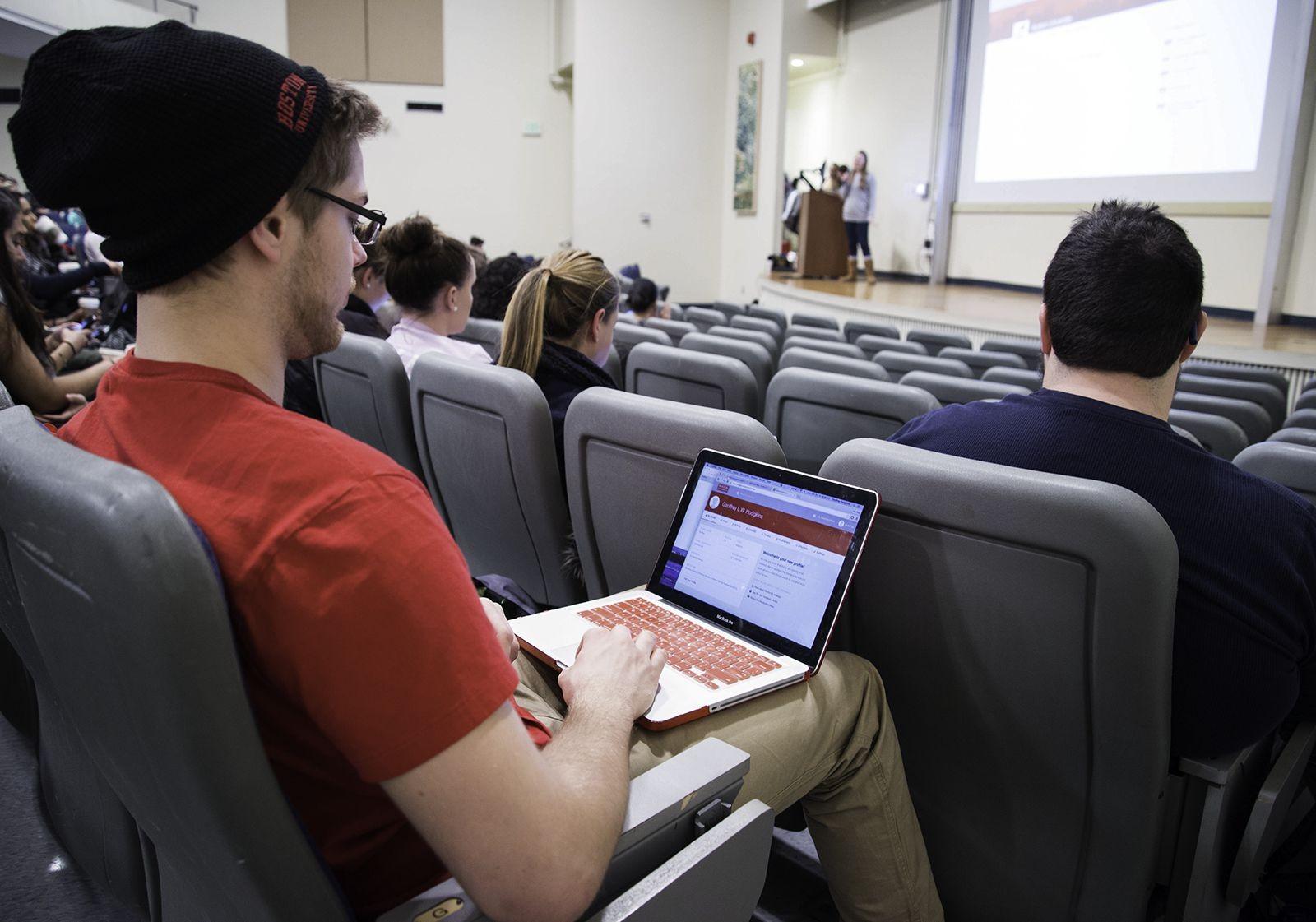 Geoffrey Hodgkins, secretary of Society of Athletic Training Students, attends a training session Sunday for OrgSync, a tool for organizing student groups that launched this week. PHOTO BY HEATHER GOLDIN/DAILY FREE PRESS STAFF