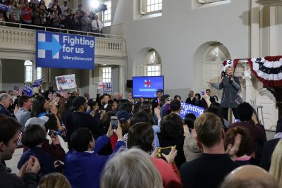 Democratic presidential candidate Hillary Clinton speaks during a February campaign stop in Boston. Clinton has raised millions of dollars more in donations from Massachusetts supporters than Republican candidate Donald Trump. PHOTO BY KELSEY CRONIN /DFP FILE PHOTO