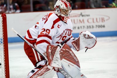 BOSTON, MA - JANUARY 13: Boston University Terriers goaltender Jake Oettinger (29) during the second period of the game between the Boston College Eagles and the Boston University Terriers on January 13th, 2016 at Agganis Arena in Boston, MA. (Photo by John Kavouris/Daily Free Press Staff)