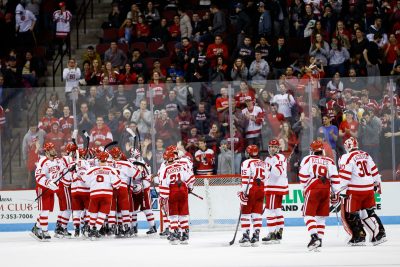 BOSTON, MA - JANUARY 13: The Terriers take the ice to celebrate their win against crosstown rivals after the game between the Boston College Eagles and the Boston University Terriers on January 13th, 2016 at Agganis Arena in Boston, MA. The Terriers beat the Eagles 2-1. (Photo by John Kavouris/Daily Free Press Staff)