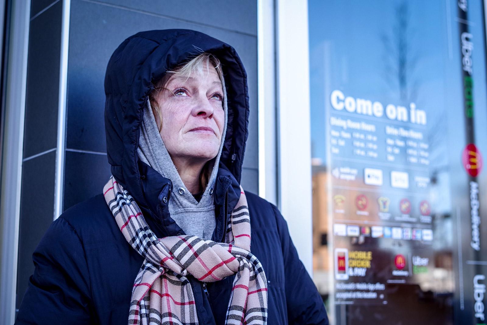 Betsy Lambiase, a homeless person, outside McDonald’s in Kenmore Square. The City of Boston plans to test all unhoused individuals in the city’s shelters for COVID-19. ANGELA YANG/ DFP FILE
