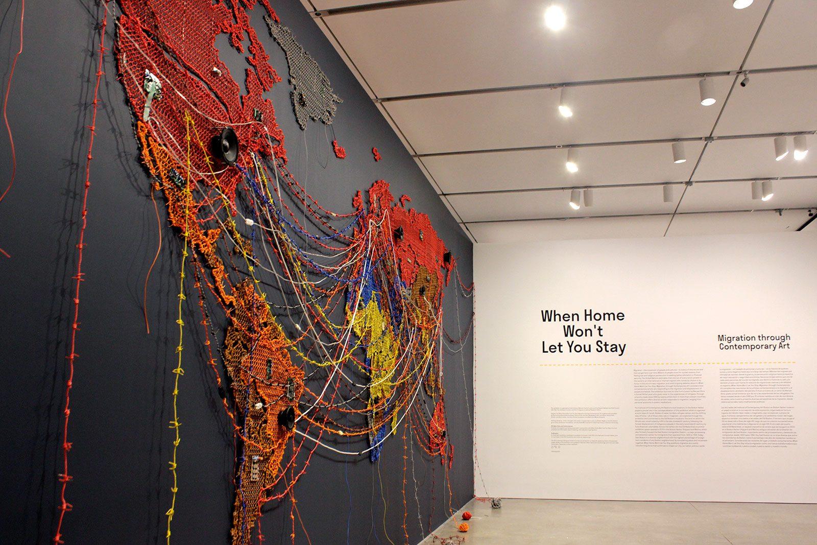 Reena Saini Kallat’s piece titled “Woven Chronicle,” part of the Institute of Contemporary Arts’ newest exhibition, “When Home Won’t Let You Stay.” On display until Jan. 26, 2020, it explores themes of migration and displacement. JENNIFER SURYADJAJA/ DAILY FREE PRESS STAFF