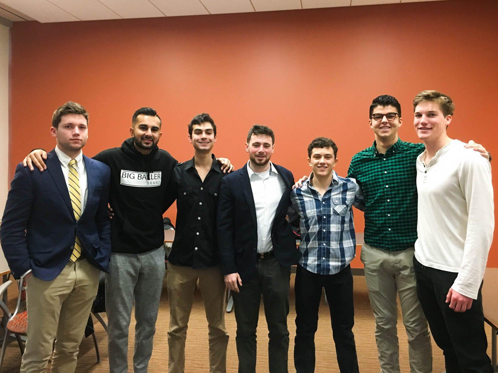 Aaron Halford, Avinash Nagpal, Ethan Brin, Joel Rothenberg, Matthew Michna, Aron Friedlander and John Claxton of StuVi Snacks. PHOTO BY JEN RACOOSIN/ DAILY FREE PRESS STAFF