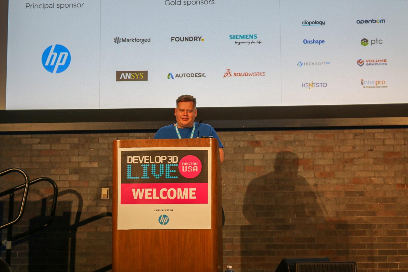 DEVELOP3D LIVE publishing and show director Martyn Day gives the closing remarks at the event Monday evening at the George Sherman Union. PHOTO BY BETSEY GOLDWASSER/ DAILY FREE PRESS STAFF