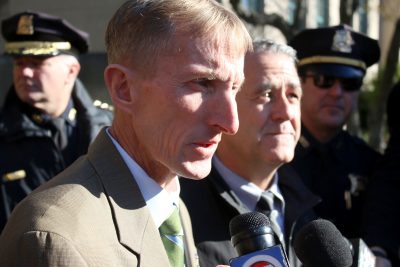 Boston Police Commissioner William Evans addresses the media Friday morning after a hoax call was made to BUPD's dispatch center warning of guns and bombs in Mugar Memorial Library. PHOTO BY BETSEY GOLDWASSER/ DAILY FREE PRESS STAFF