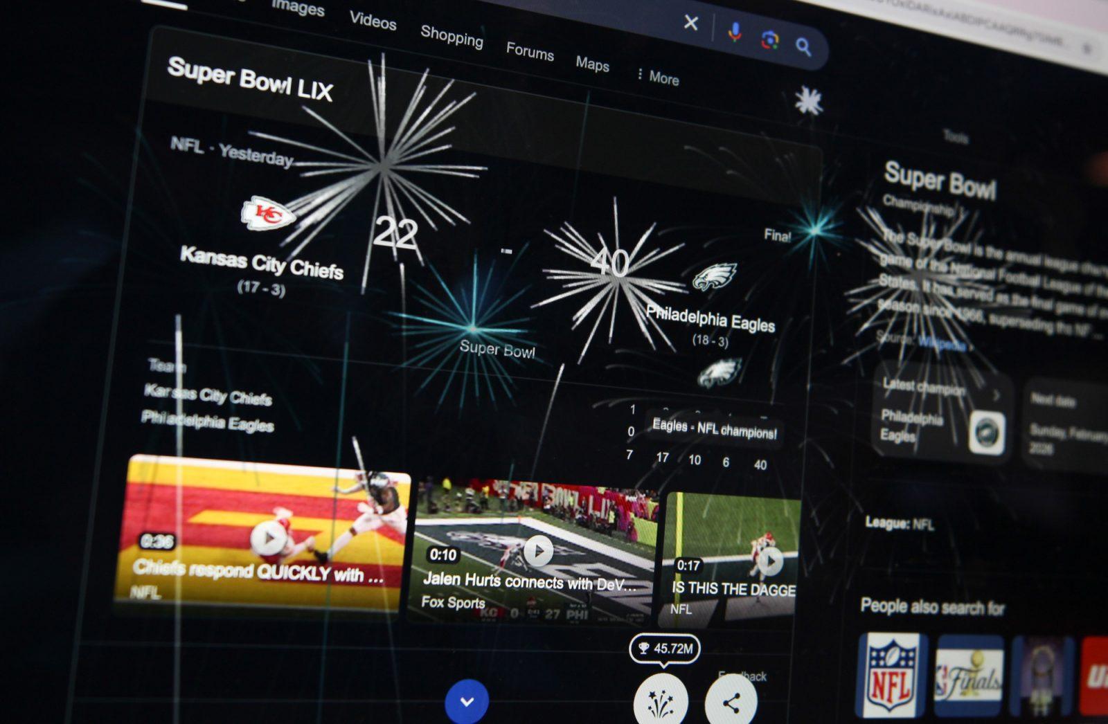 Google search results for Super Bowl LIX. The Philadelphia Eagles won 40-22 against the Kansas City Chiefs in Super Bowl LIX on Sunday. SARAH CRUZ/DFP PHOTOGRAPHER 