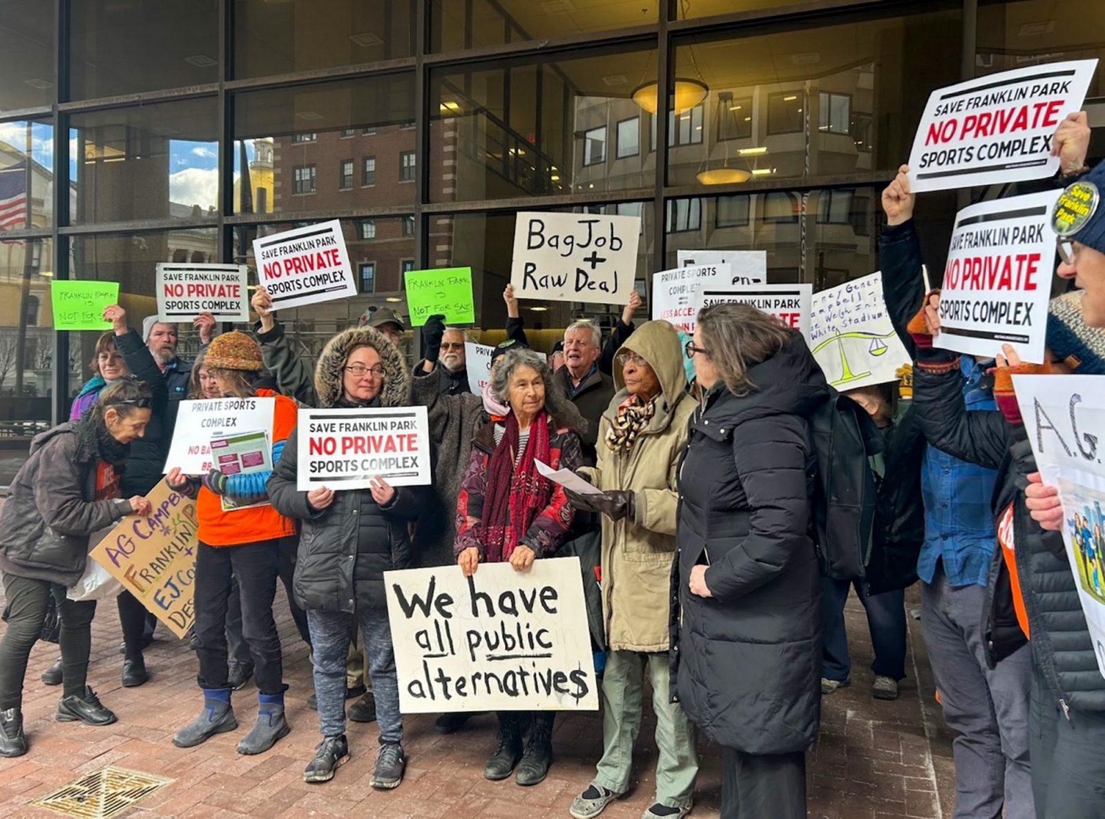 Protestors outside of Attorney General Andrea Campbell’s office. The Franklin Park Defenders held a protest against the demolition and privatization of White Stadium, which would limit free park access for Boston Public School students and locals. PHOTO BY ELI PEKELNY
