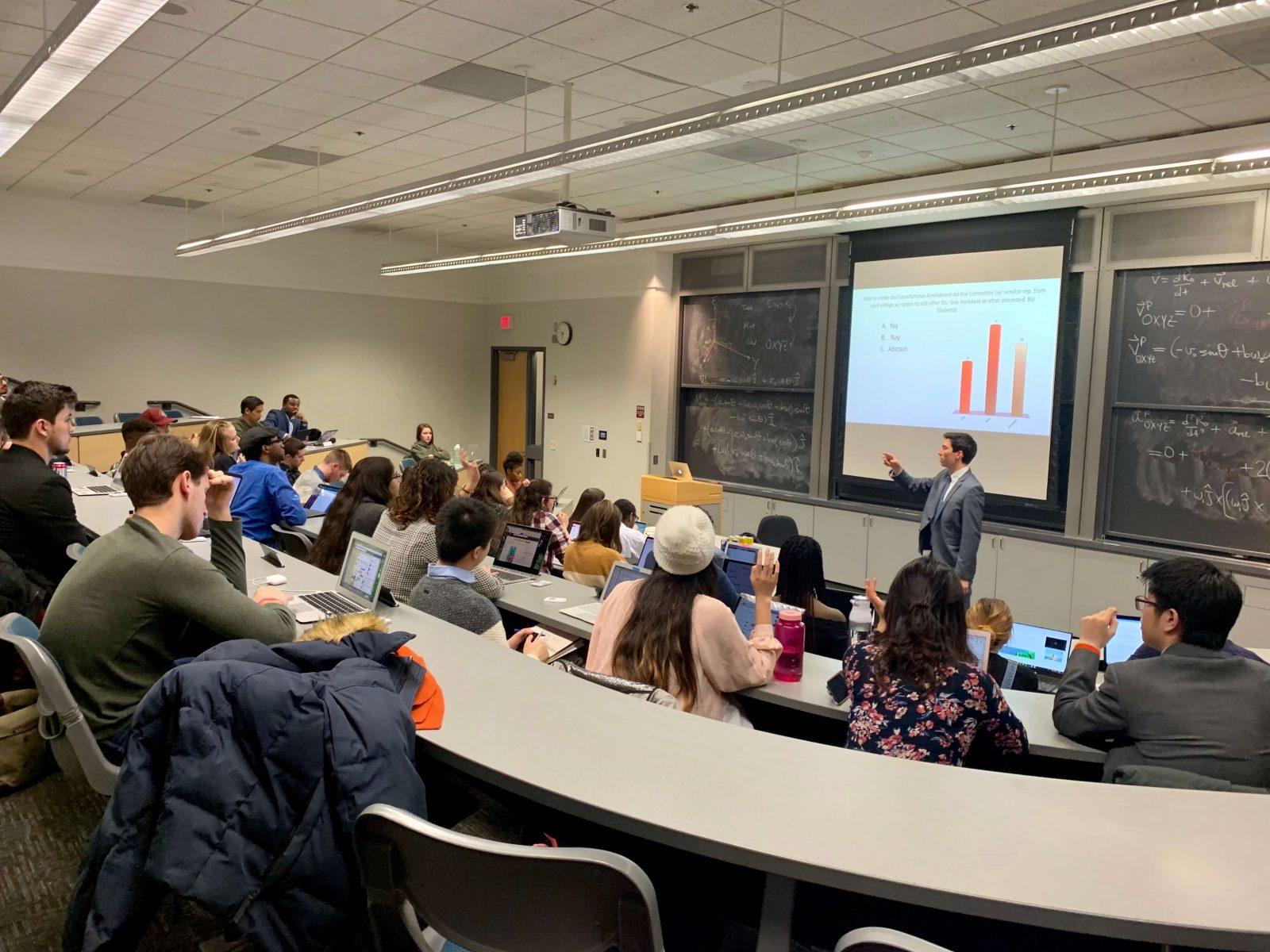 Senate Chair Andrew Chiao led Boston University’s Student Government in a vote to create a temporary constitutional amendment committee, which was postponed for further discussion next week. SOFIA SARIC/ DAILY FREE PRESS STAFF