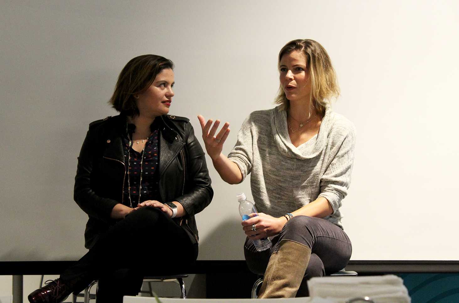 Yuly Fuentes-Medel and Julianne Gauron sit at a panel on Fashion and Aerospace for Advanced Realities Nov. 2 in Cambridge. PHOTO BY RACHEL SHARPLES/ DAILY FREE PRESS STAFF