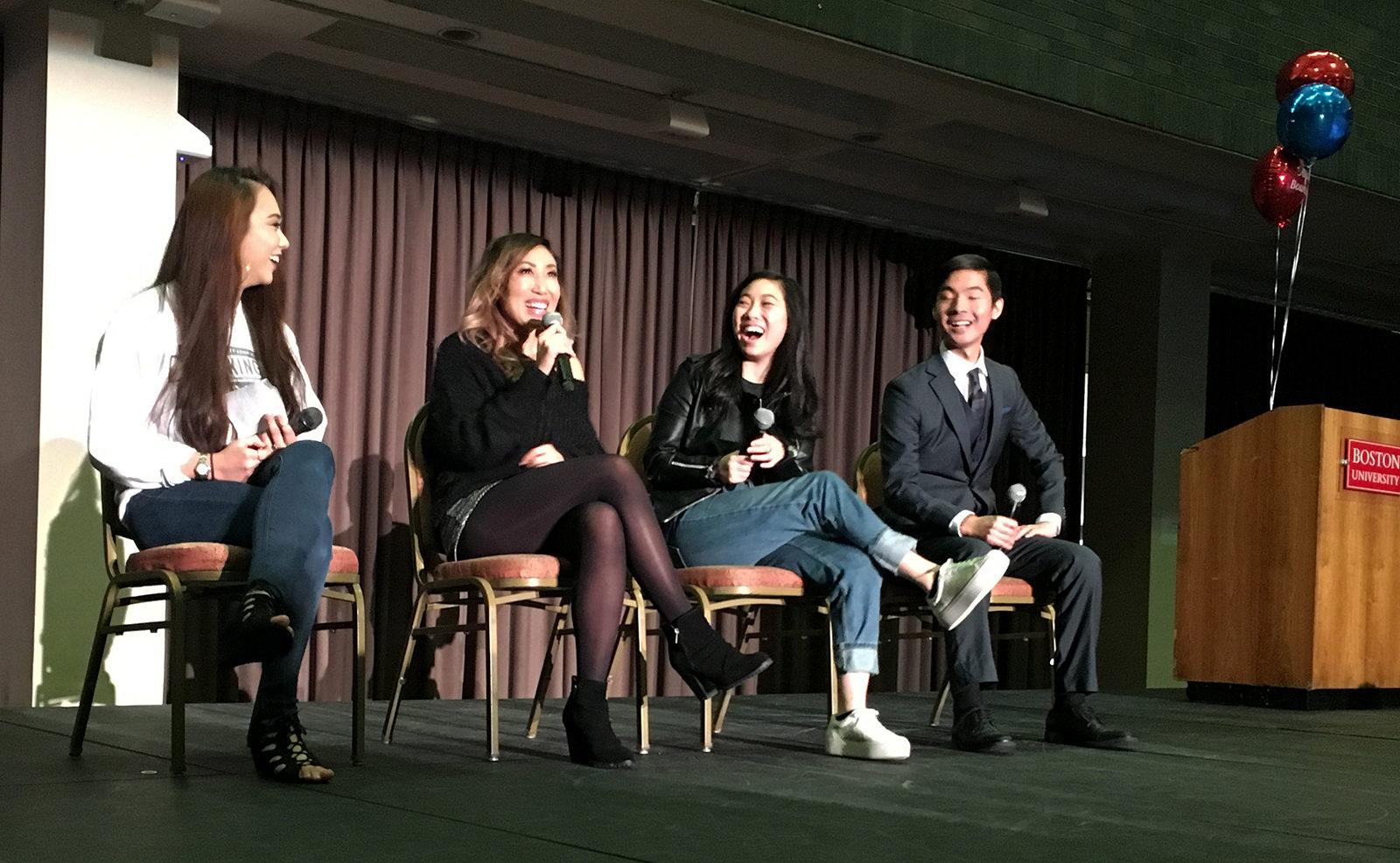 Social media stars Kevjumba, Blogilates and Awkwafina speak at the Metcalf Hall in the George Sherman Union about Asian and Asian-American stereotypes and representation on Dec. 2. PHOTO BY LAUREN FRIAS/ DAILY FREE PRESS STAFF