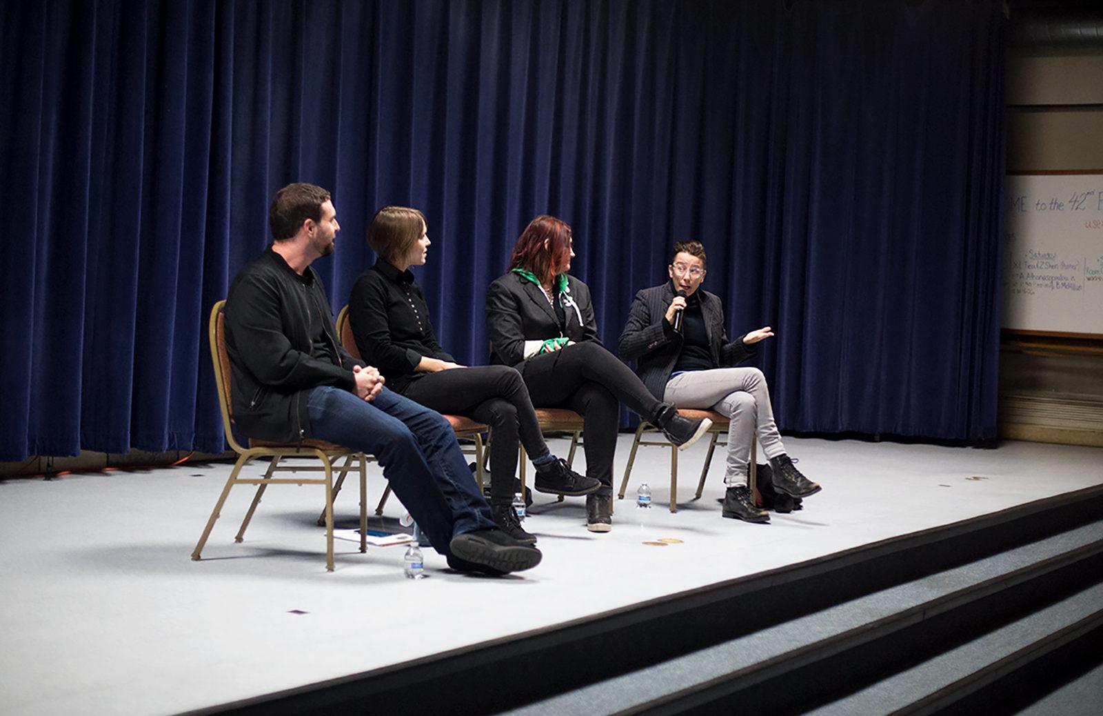 Berklee College of Music professor Melissa Ferrick speaks at “The Art of Touring” panel hosted by Women in Music Boston on Nov. 8. PHOTO BY PAGIE WARD/ DAILY FREE PRESS STAFF