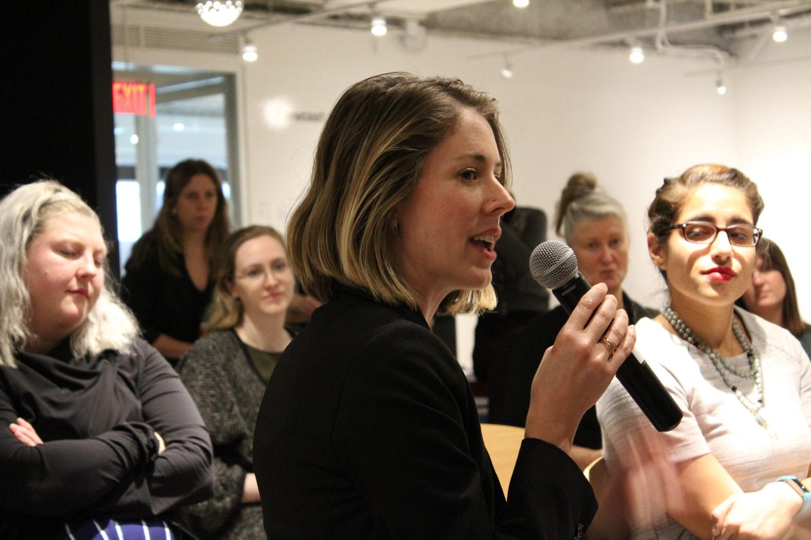 Lydia Bowers, Nina Joan Kimball and Jennifer Irvine sit at a panel on wage inequality at the General Assembly Boston Tuesday night. PHOTO BY RACHEL SHARPLES/ DAILY FREE PRESS STAFF