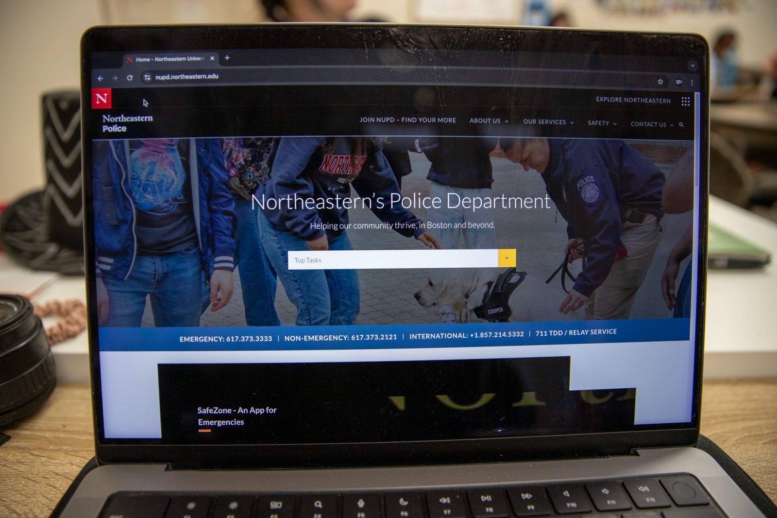 The Northeastern University Police Department webpage. Northeastern installed key card locks on bathroom doors in the Mugar Life Sciences Building in response to reports of illegal activities “in relation to prostitution.” KATE KOTLYAR/DFP PHOTOGRAPHER 