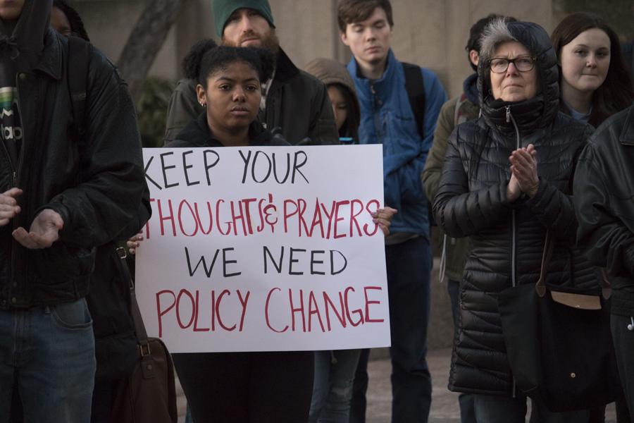 A student at the anti-gun rally on Monday afternoon. PHOTO BY JOHN LITTLE/ DAILY FREE PRESS STAFF


