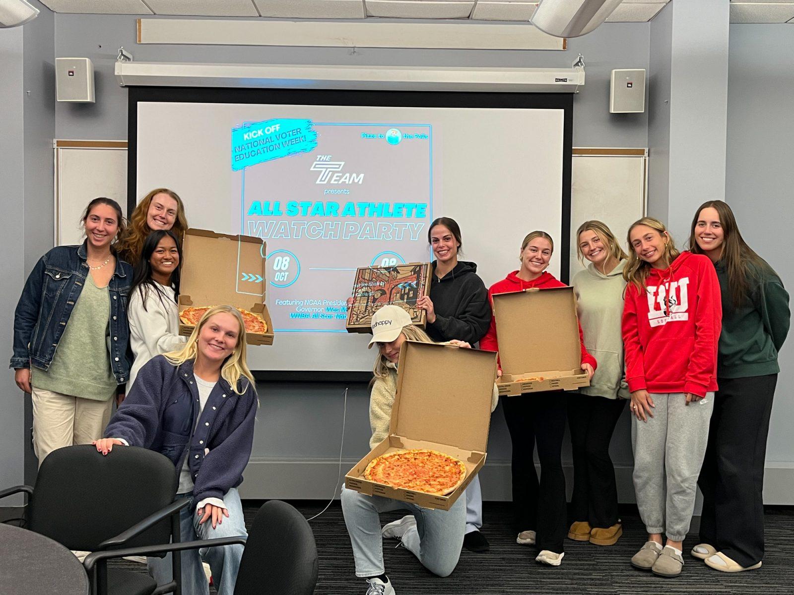 Boston University’s Student-Athlete Advisory Committee members at a watch party for a broadcast about the election and civic engagement. The broadcast was presented by The Team, a non-profit organization encouraging voter participation and civic engagement among student-athletes. SAAC offered voting resources leading up to the election and hopes to provide more civic engagement opportunities for student-athletes in the future. COURTESY OF EMILY HOWARD
