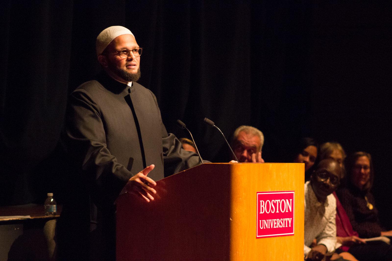 ​Shaykh Yasir F. Fahmy reads "The Prayer of the Oppressed" by Imam Muhammad al-Dar'i at A Celebration of Voices: Favorite Poem Reading hosted by The Favorite Poem Project and BU Arts Initiative at the Tsai Performance Center Monday night. PHOTO BY JENNA MANTO/ DAILY FREE PRESS STAFF