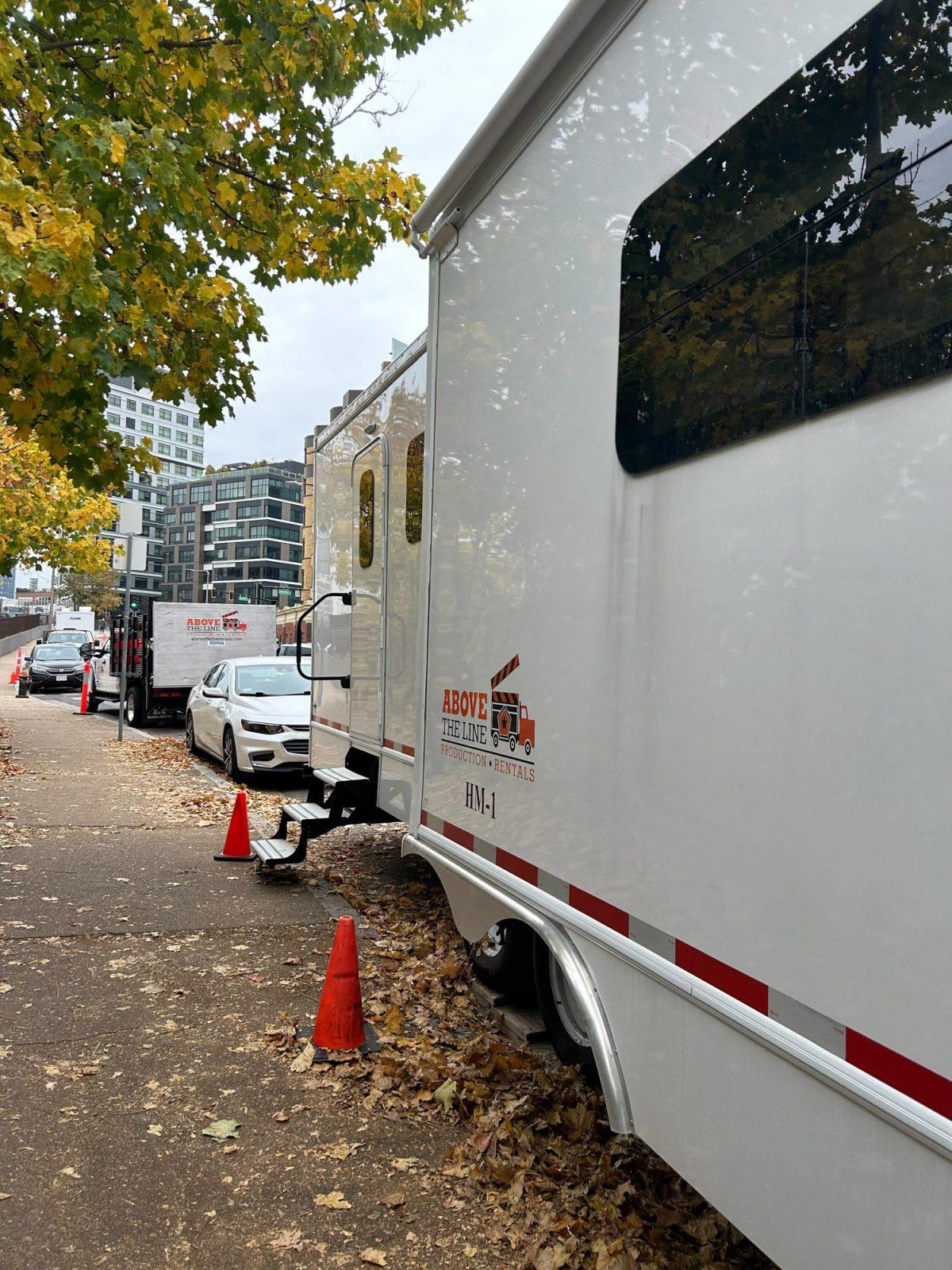 Trucks on Beacon Street for the production of “The Drama.” “The Drama” is an upcoming film by A24 and stars Zendaya and Robert Pattinson. COURTESY OF SARA SIERRA-GARCIA

