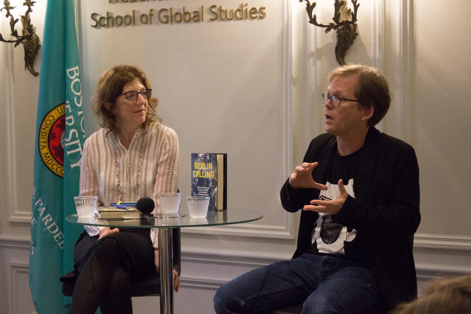 Paul Hockenos presents his book “Berlin Calling: A Story of Anarchy, Music, the Wall, and the Birth of the New Berlin” at the Frederick S. Pardee School of Global Studies Tuesday evening. PHOTO BY JENNA MANTO/ DAILY FREE PRESS STAFF