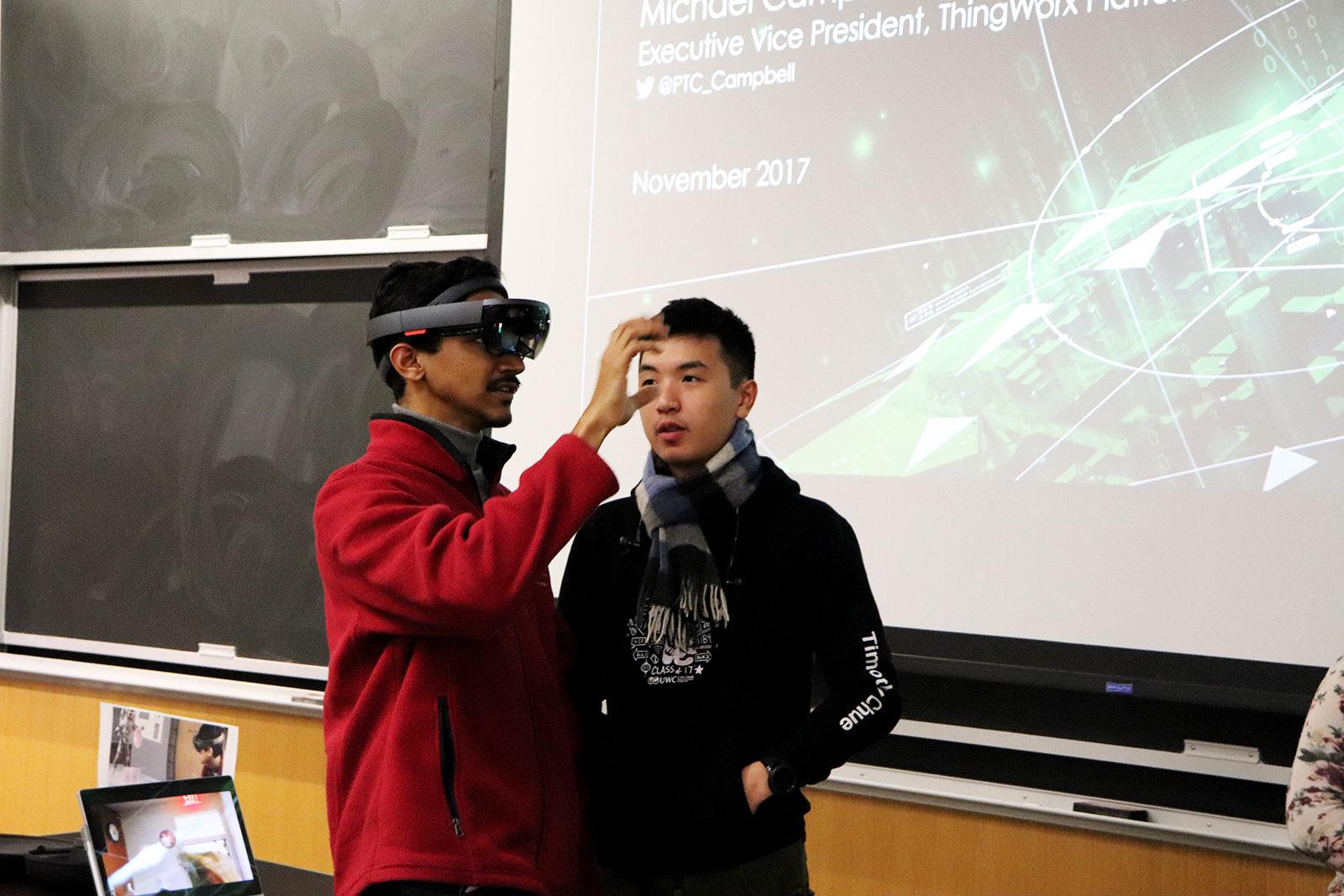 Boston University student Mathilda Raut tests a virtual reality device at BU’s AR/VR “Terrier in Tech” event featuring BU alumnus Michael Campbell. PHOTO BY MEGHANA PATNANA/ DAILY FREE PRESS STAFF