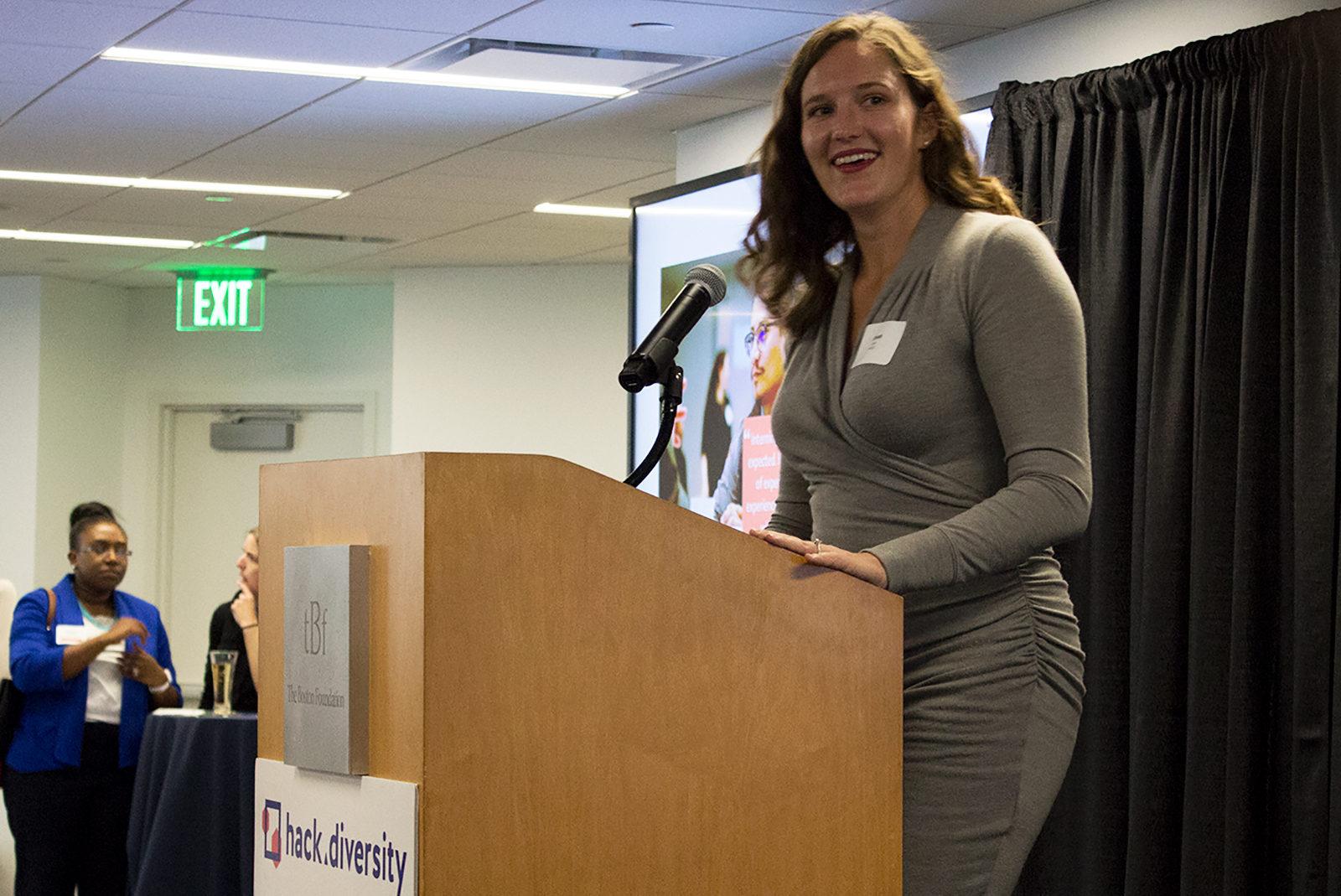 Sarah Case speaks at The Boston Foundation’s Hack.Diversity Fall Celebration Oct. 24. PHOTO BY JENNA MANTO/ DAILY FREE PRESS STAFF