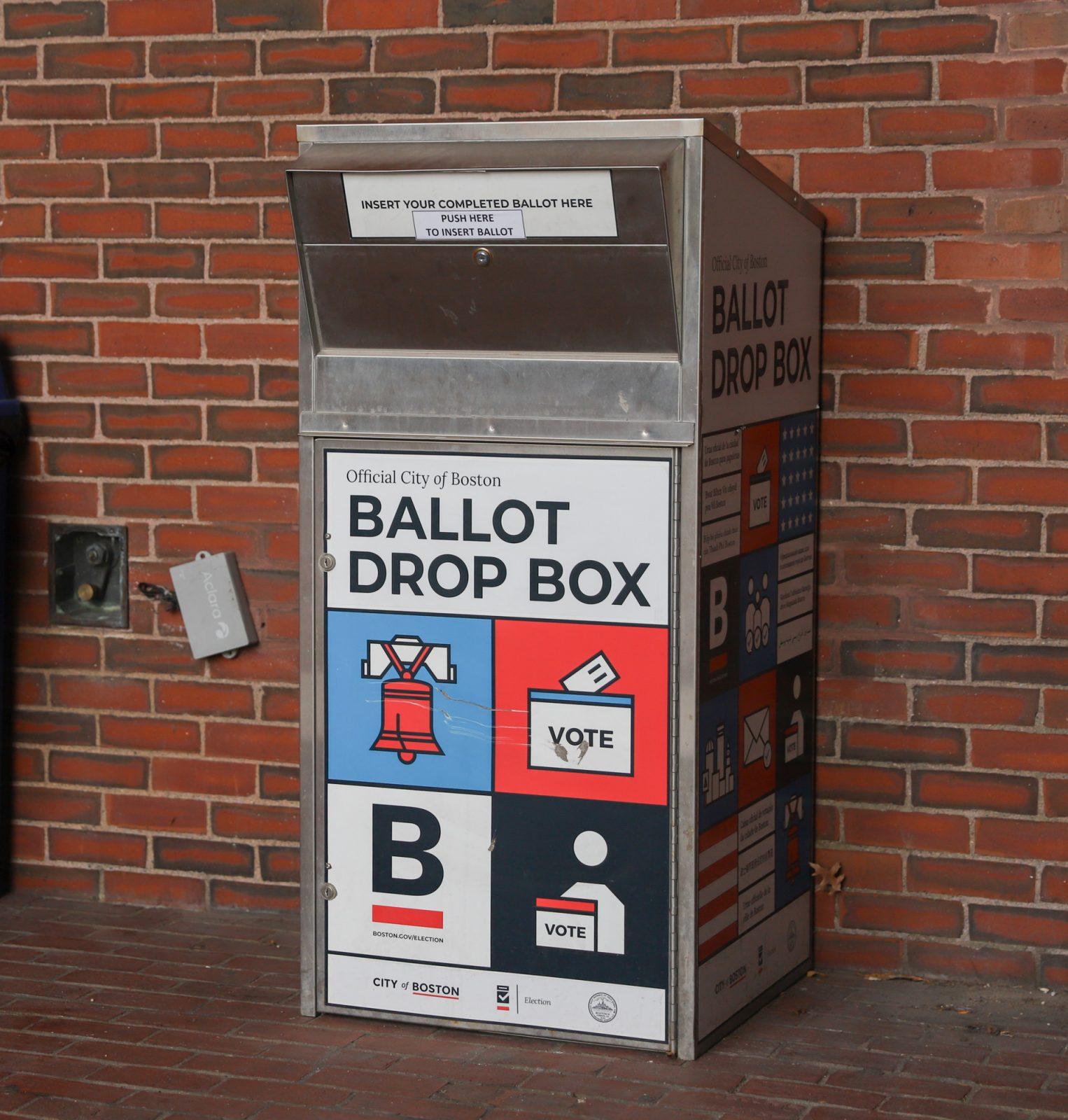 A ballot drop box next to Boston City Hall. Massachusetts ballot measure Question 5 has gained new traction, with opponents receiving financial backing from donors, such as the National Restaurant Association, and supporters gaining new endorsements from prominent people and organizations, including Vice President Kamala Harris and the Boston Globe. KATE KOTLYAR/DFP PHOTOGRAPHER