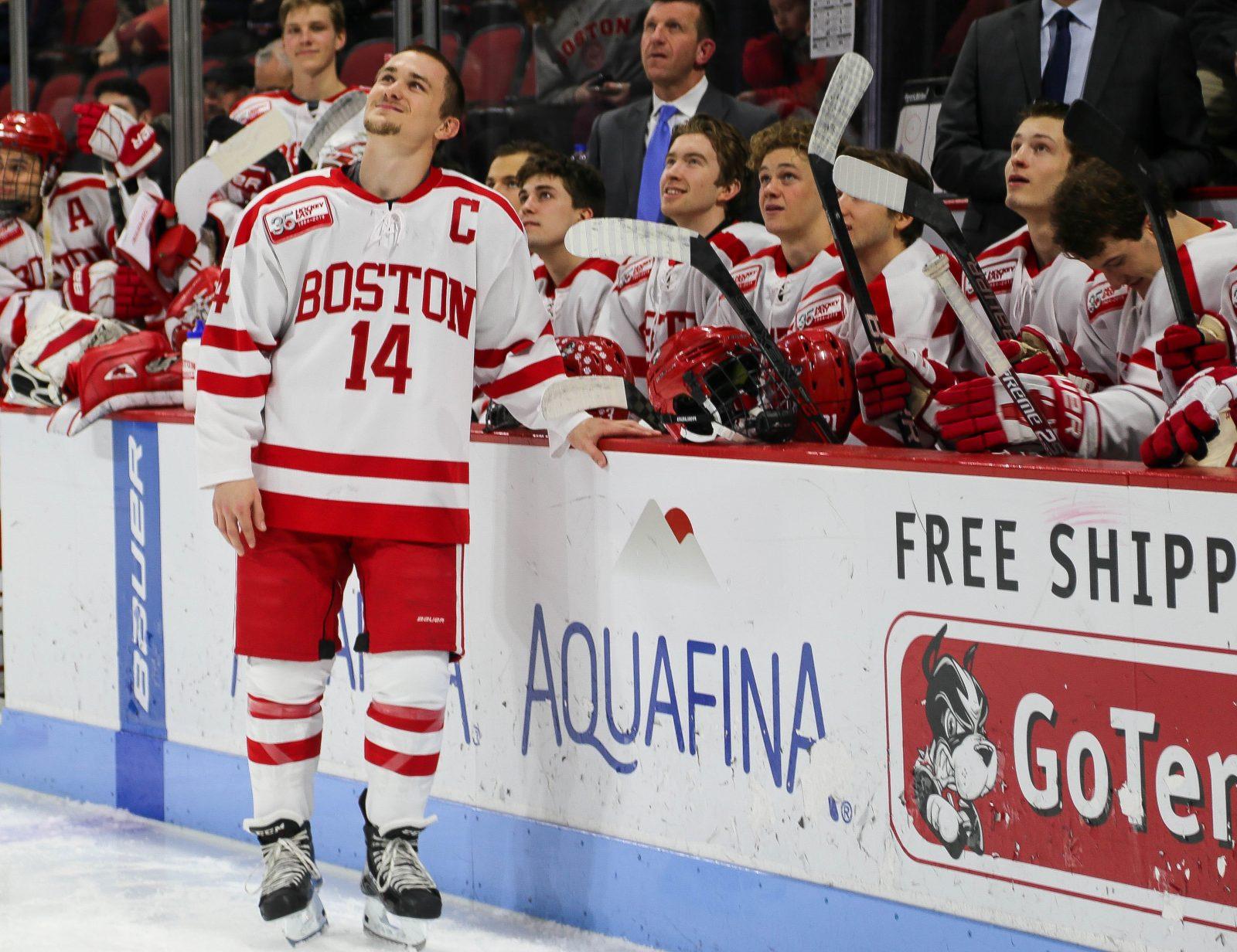 Senior co-captain Bobo Carpenter was one of five seniors honored prior to the Terriers’ 5-1 win over Merrimack College Saturday night. EMILY HUNTER/ DAILY FREE PRESS STAFF