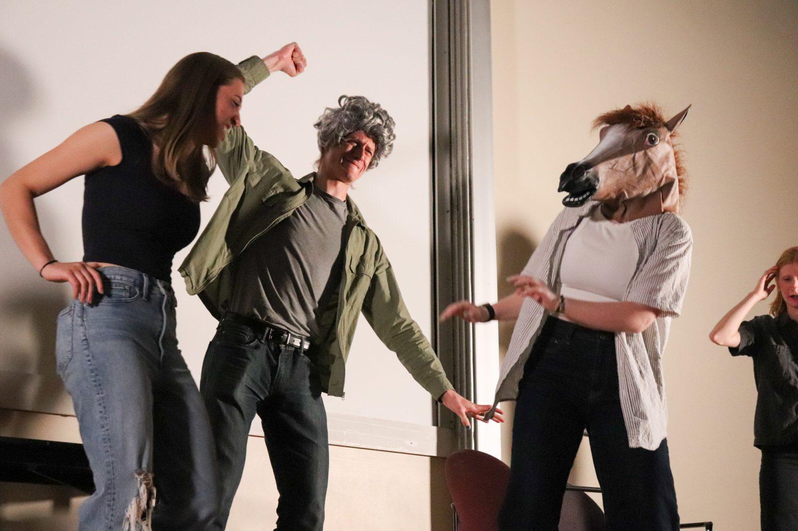 Slippery When Wet members Giuliana Balboni, Maxwell Anthony and Sarah Gibertoni perform a sketch. Comedy clubs at Boston University offer students laughs during the academic year. COURTESY OF CADEE STEFANI