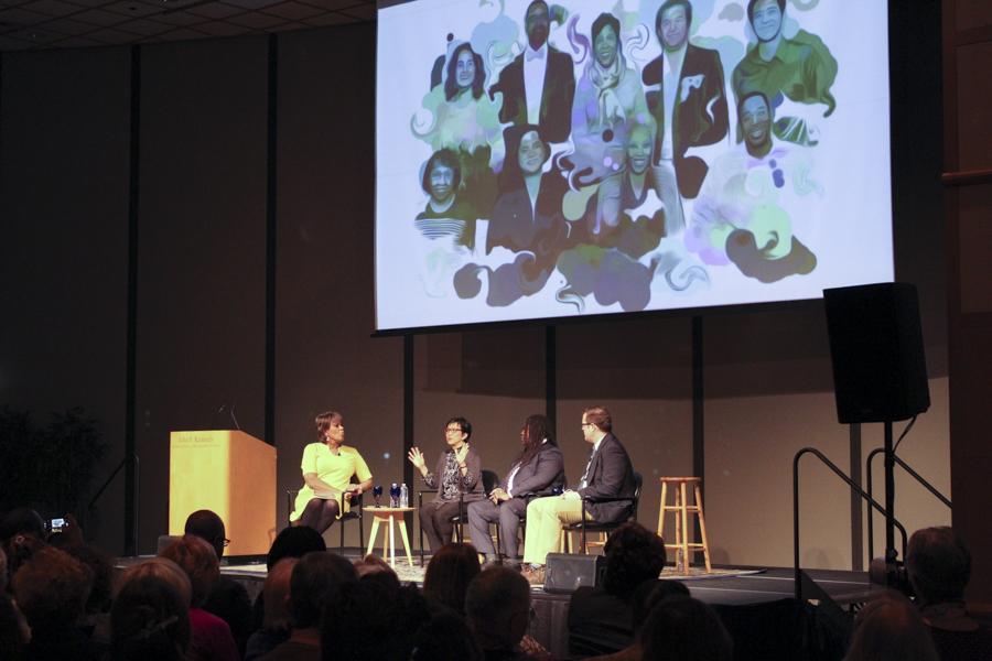 Reporters Patricia Wen, Adrian Walker and Andrew Ryan at Confronting Racism and Disparities, What's Next? at the JFK Presidential Library and Museum on Tuesday evening. PHOTO BY RACHEL SHARPLES/ DAILY FREE PRESS STAFF