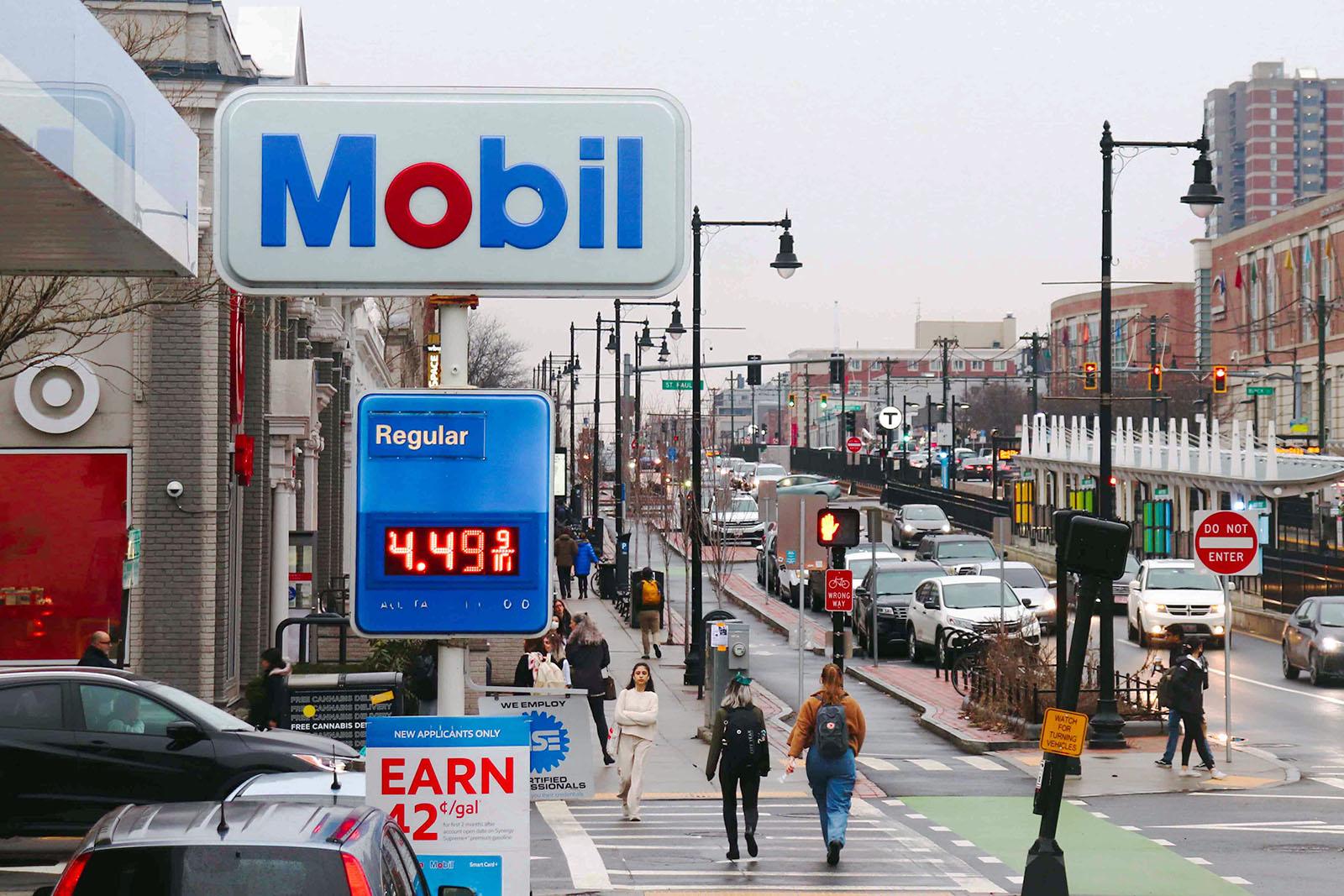 The Mobil gas station on Commonwealth Avenue. Gas prices continue rising across Massachusetts and Boston has seen prices rise slightly above the state average – at $4.38 per gallon on Mar. 14. – due, in part, to sanctions against Russia. PERRY SOSI/DFP STAFF