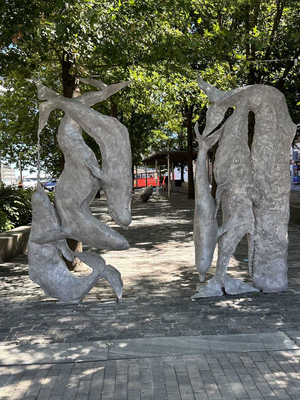 Jean-Marie Appriou’s art installation, “Whale Song,” in Central Wharf Plaza. The installation represents the whale's mythological significance and Boston’s whaling history from the 19th century. COURTESY OF HANNAH BOUTIETTE