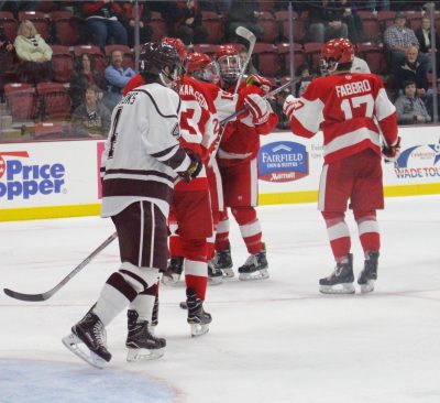BU celebrates its third goal of the evening. PHOTO BY JONATHAN SIGAL/DAILY FREE PRESS