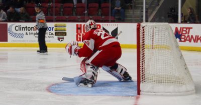 Freshman goaltender Jake Oettinger prepares to make a play in the Terrier's 6-1 win at Colgate on Saturday. PHOTO BY JONATHAN SIGAL/DAILY FREE PRESS