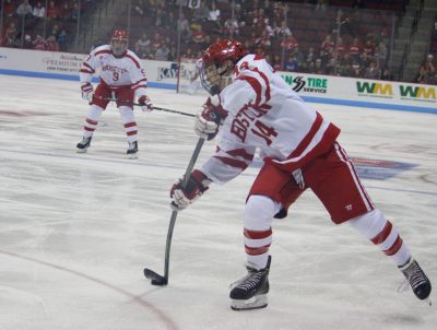 Carpenter hounded Quinnipiac's goal time and time again on Saturday night. PHOTO BY JONATHAN SIGAL/DAILY FREE PRESS