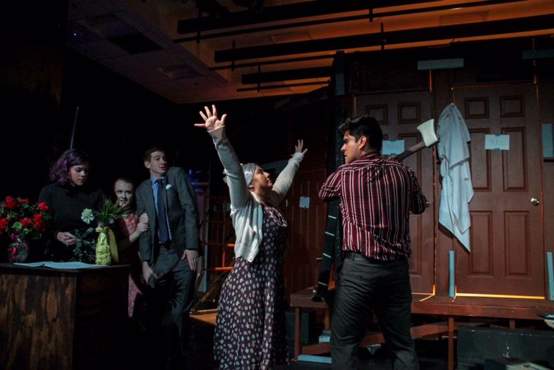 Alex Camarena, Nicole Silvera, Eli Saracino, Libby James and Andrea Roman perform in Stage Troupe’s production of “Noises Off.” COURTESY OF KENDALL GREGORY 
