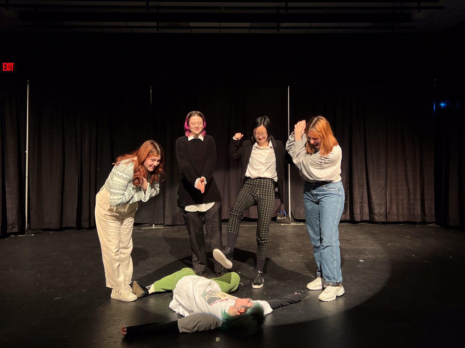 From left: Members of Boston University’s Stage Troupe Annalise Ilg, Hel Taylor, Rayna Cheong, Tara Boudreau and Kaito Aoki-Goldsmith (middle). The Tech Show is a production where the actors and tech crew swap roles for a show, and this year’s production was a parody of the cartoon show “Adventure Time.” COURTESY OF BU STAGE TROUPE