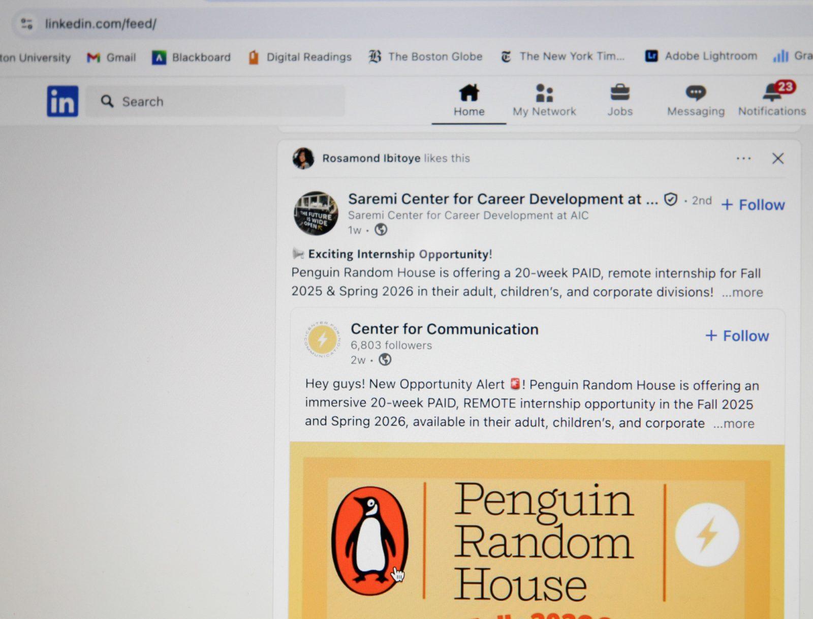 LinkedIn home page. LinkedIn, an online employment-focused professional platform launched in 2003, has become a second form of social media for college students. SARAH CRUZ/DFP PHOTOGRAPHER  