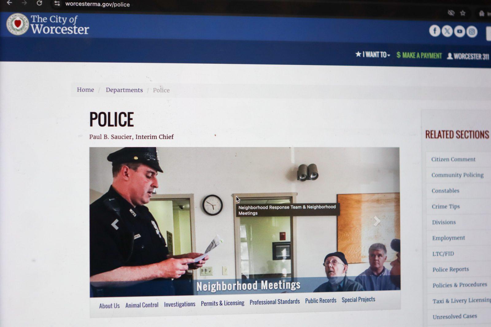 The Worcester Police Department’s website. The U.S. Department of Justice ordered its Civil Rights Division to pause any ongoing litigation on Jan. 22, bringing a number of police conduct investigations to a halt, including one involving the Worcester Police Department. RACHEL FEINSTEIN/DFP PHOTOGRAPHER