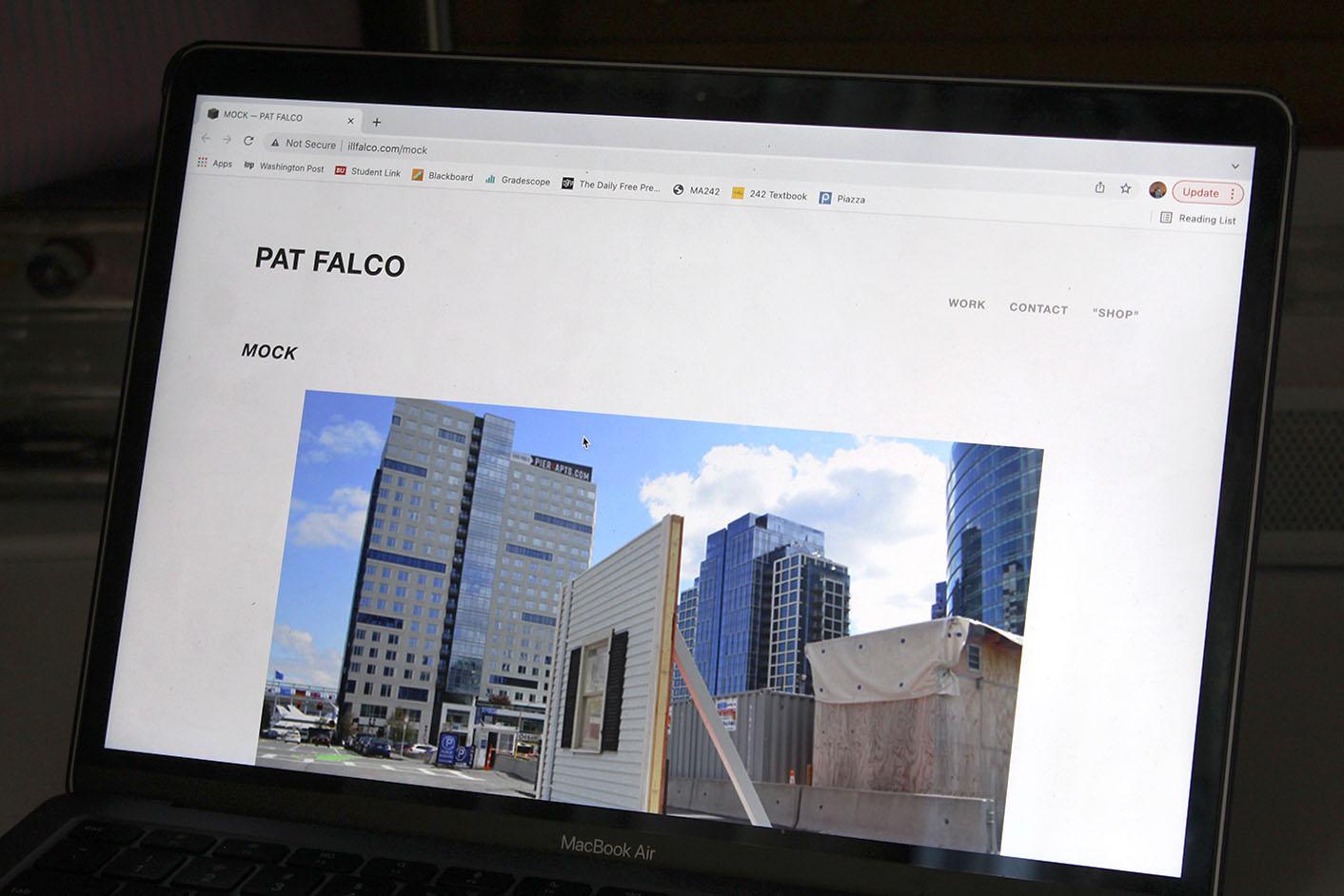 Boston-based artist Pat Falco’s website, featuring his sculpture “Mock.” Falco was one of five artists who was part of the Boston Artist-in-Residence 2020 cohort. This year’s cohort of artists will be selected by the end of April to co-design projects with four city departments. ISABELLE MEGOSH/DFP STAFF