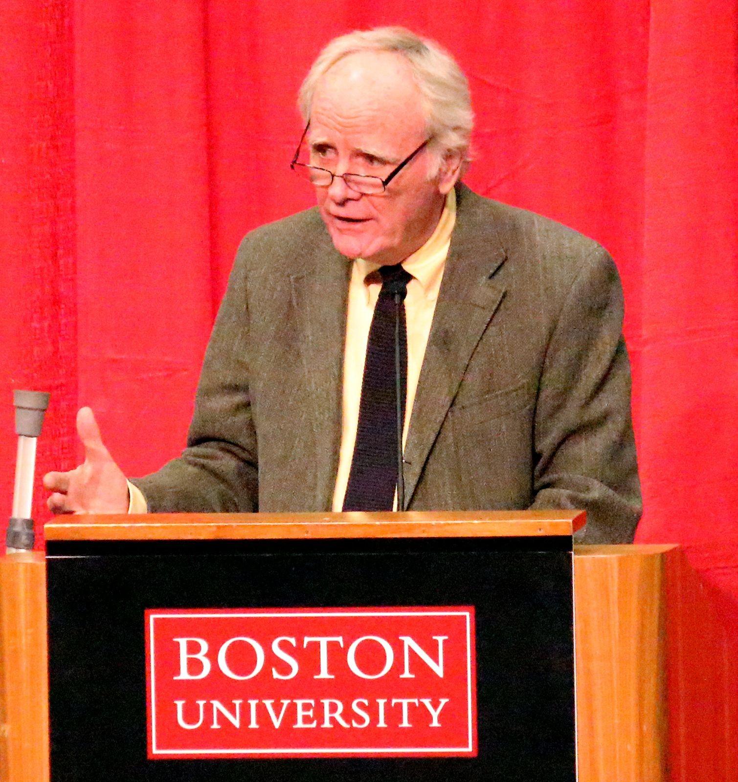 Columnist for the Boston Globe and author James Carroll speaks at Boston University’s Metcalf Ballroom Tuesday. PHOTO BY MAE DAVIS/DAILY FREE PRESS STAFF


