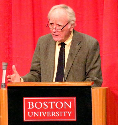 Columnist for the Boston Globe and author James Carroll speaks at Boston University’s Metcalf Ballroom Tuesday. PHOTO BY MAE DAVIS/DAILY FREE PRESS STAFF 