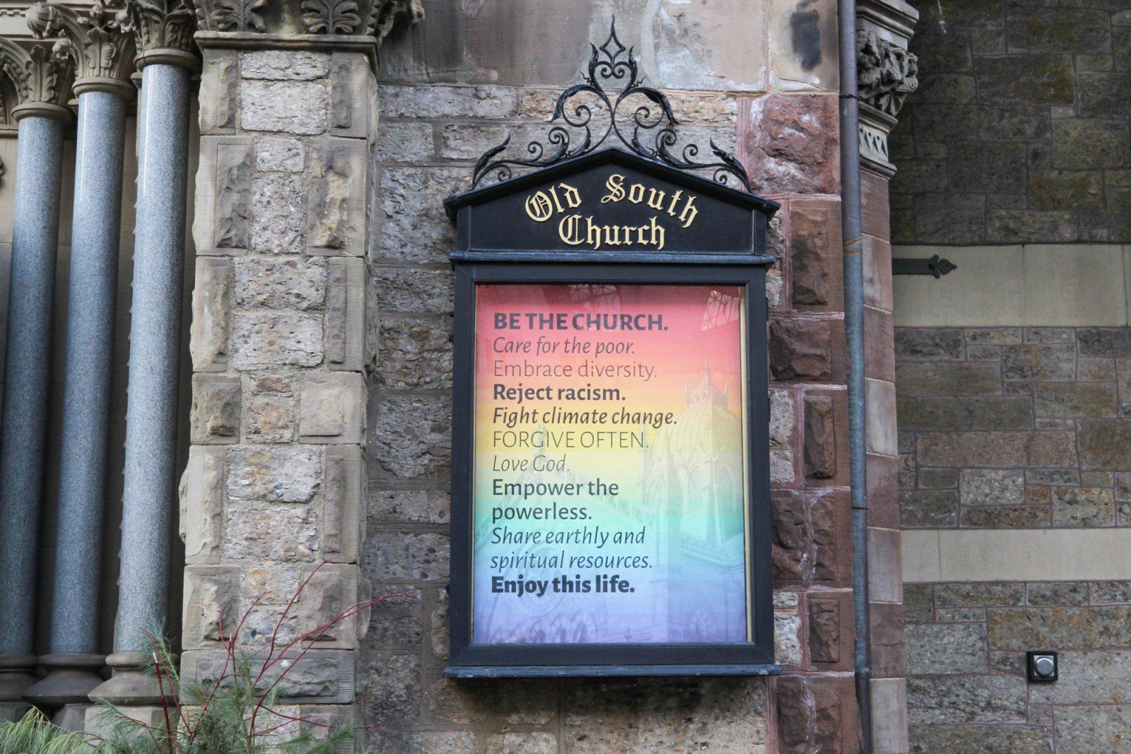 The entrance to the Old South Church. Boston religious leaders, professors and college students reflect on the impact of faith on American politics after President Donald Trump’s inauguration and the slew of executive actions he rolled out during his first weeks in office. SARAH CRUZ/DFP PHOTOGRAPHER 