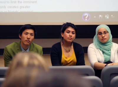 (From left) Andrew Cho, Kimberly Barzola and Marwa Sayed speak at a Boston University Student Government town hall meeting Monday at the Boston University Photonics Center. PHOTO BY BETSEY GOLDWASSER/DAILY FREE PRESS STAFF