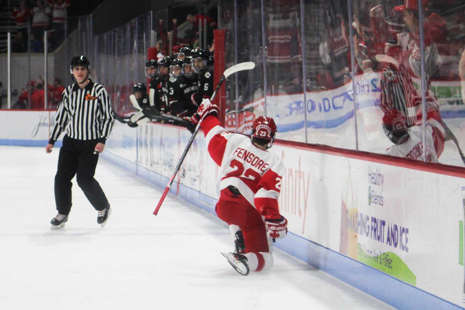 Dom Fensore celebrates his second-period goal in the game against Northeastern University Saturday. JENNA VANSICKLE/ DAILY FREE PRESS STAFF