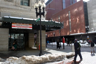 The Downtown Boston Business Improvement District installed pedestrian wayfinding pillars along Winter and Summer streets as part of an initiative to make the area easier to navigate. PHOTO BY L.E. CHARLES/DAILY FREE PRESS STAFF