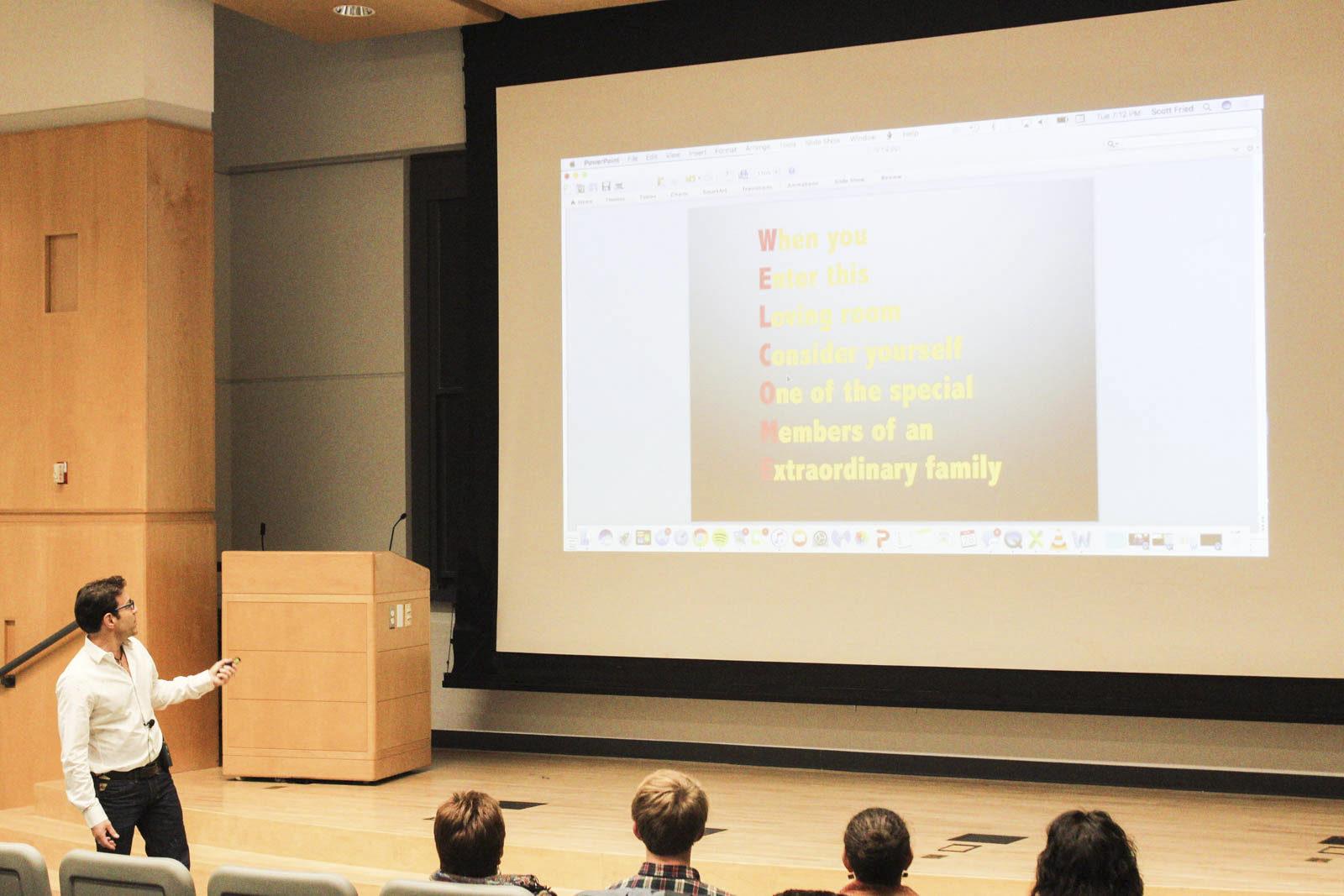 Scott Fried speaks about his relationship with religion and homosexuality at Boston University Tuesday evening. PHOTO BY MAGGIE LEONE/ DAILY FREE PRESS STAFF
