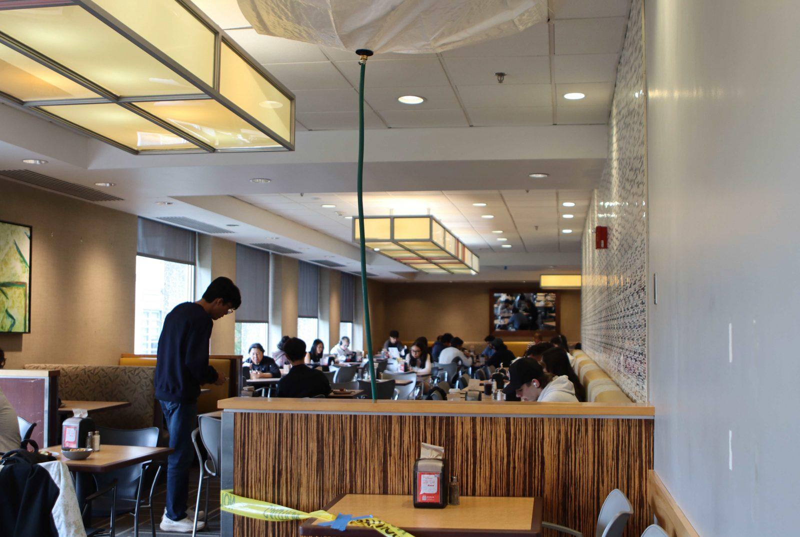 A hose funnels a leak in the Warren Towers Dining Hall. Part of the area’s ceiling fell last week after wind-driven rain.
RACHEL FEINSTEIN/DFP PHOTOGRAPHER