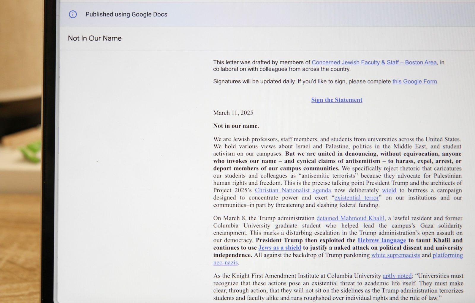 ‘Not In Our Name’ letter. More than 3,000 Jewish professors, university staff and students nationwide signed this letter that criticizes the federal suppression of free speech under the guise of combating antisemitism. SARAH CRUZ/DFP PHOTOGRAPHER  